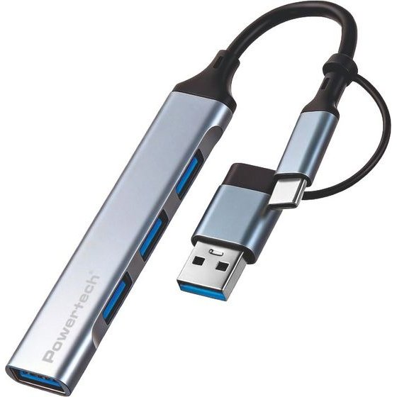 Powertech Usb Hub 4x �����, Usb 3.0, 5Gbps, Usb & USB-C �������, ���� - (PTR-0206)