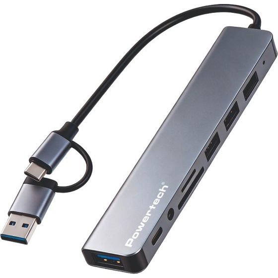 Powertech Usb Hub �� Card reader, 8 �����, Usb & USB-C �������, ���� - (PTR-0205)
