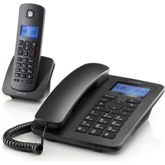 Motorola Set Of C4201 Cordless Landline + Landline Phones Black 2 psc. - (107C4201)