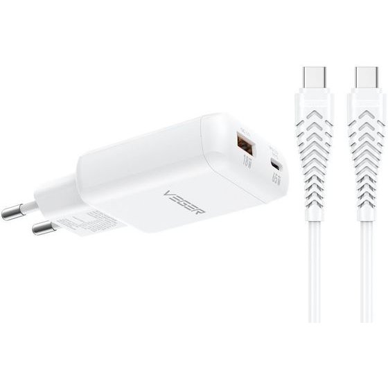 Veger Phone Charger Usb A + Type C Pd 65W + Data Cable Type C To C 100W TR122 white