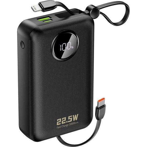 Dudao K14+ Powerbank 20000mAh 22.5W USB-C / USB-A / Built-In Lightning And USB-C Cables - Black - (K14+ black)