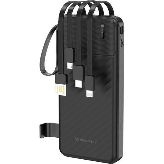 Wozinsky 10000mAh 10W Powerbank With Built-In Cables And Flashlight - Black 5907769388095 - (W11-B)