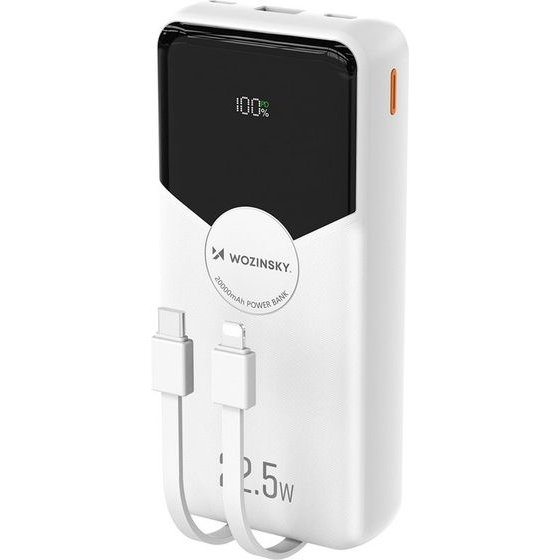Wozinsky WFC-15W 20000mAh 22.5W PD20W Powerbank With Built-In Lightning And USB-C Cables - White 5907769388064 - (WFC-20W)