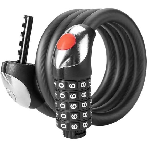 Rockbros RKS531 Bike Lock With 5-Digit code, Steel cable, 180 cm, With Led Lighting - Black - (RKS531-1BK)