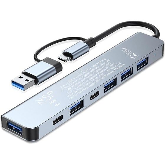 NSP N38 7IN1 Hub With Dual USB-C/USB-A+Otg Connector Usb C 3.1 10GBps (2ports)+Usb 3.0 5GBps +Usb 2.0 480MBps (4port) ALUMINIUM