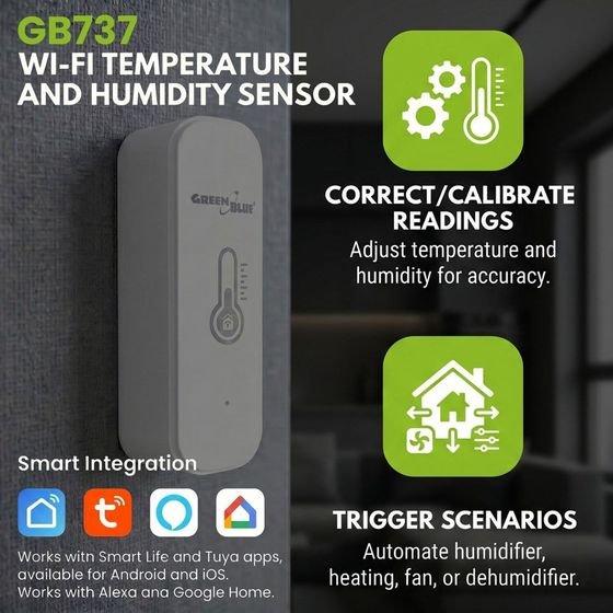 GreenBlue Wifi Temperature And Humidity Sensor, Android/iOS/Alexa/Google Home, 3.0V DC, LR03x2, - (GB737)