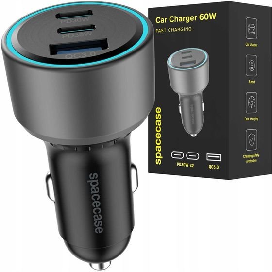 Spacecase Car Charger 60W Triple Port C60ACC-12 black - (5905719132330)
