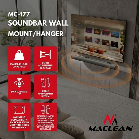 Ergo Office Maclean Soundbar Wall Mount / Bracket, Angle Adjustment +8�-8�, max. Load 10 kg, Made Of steel, - (MC-177)