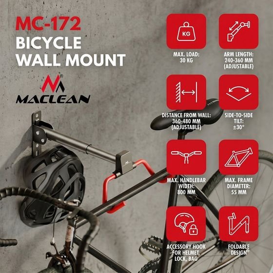 Maclean Horizontal Wall-Mounted Bike Rack, Steel, Max. Load 30 kg, Adjustable Angle, - (MC-172)