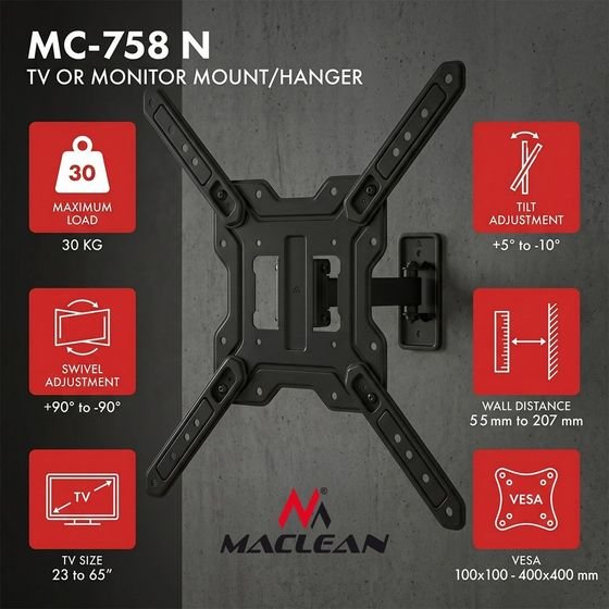 Maclean Tv Or Monitor Mount / Bracket, max. 23-65'', max. Load 30 kg, universal, max. Vesa 400x400, - (MC-758 N)