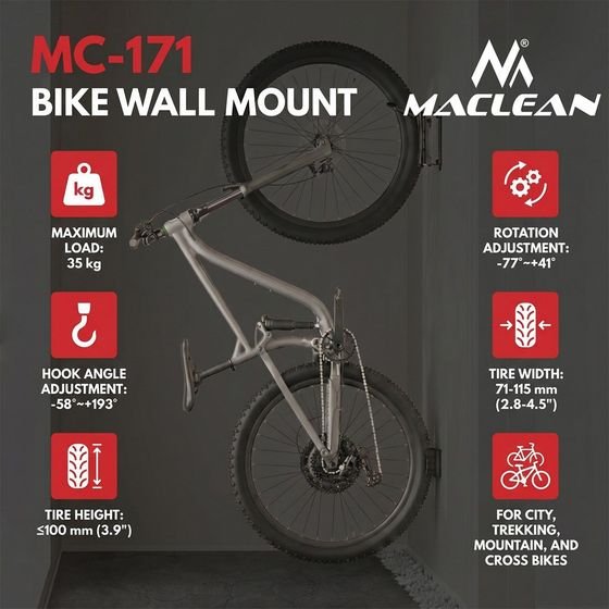 Maclean Wall-Mounted Bike Rack / Hanger, max. Load 35 kg, Adjustable Tilt angle, steel, - (MC-171)