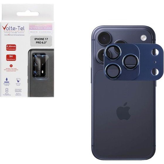 Volte-Tel Camera Glass Cover Iphone 17 Pro 6.3in 9H 0.30MM 3D Ar ALUMINIUM-Electroplating Frame - Magnetic BLUE