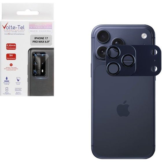 Volte-Tel Camera Glass Cover Iphone 17 Pro Max 6.9in 9H 0.30MM 3D Ar ALUMINIUM-Electroplating Frame - Magnetic BLUE