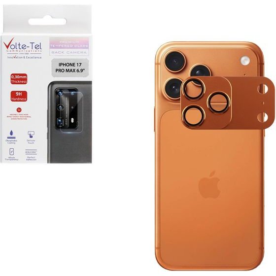 Volte-Tel Camera Glass Cover Iphone 17 Pro Max 6.9in 9H 0.30MM 3D Ar ALUMINIUM-Electroplating Frame - Magnetic ORANGE