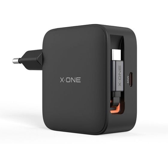 X-One Travel Charger Chargego Gan 65W With Retractable Cable And Usb C Port - black