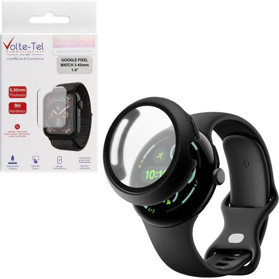 Volte-Tel Pc Edge Cover Tempered Glass Google Pixel Watch 3 45mm 1.4in 9H 0.30mm 3D Full Glue Full Cover BLACK