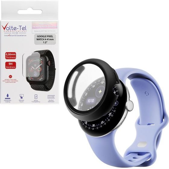 Volte-Tel Pc Edge Cover Tempered Glass Google Pixel Watch 4 41mm 1.2in 9H 0.30mm 3D Full Glue Full Cover BLACK