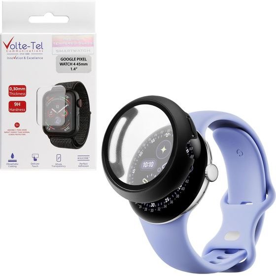 Volte-Tel Pc Edge Cover Tempered Glass Google Pixel Watch 4 45mm 1.4in 9H 0.30mm 3D Full Glue Full Cover BLACK