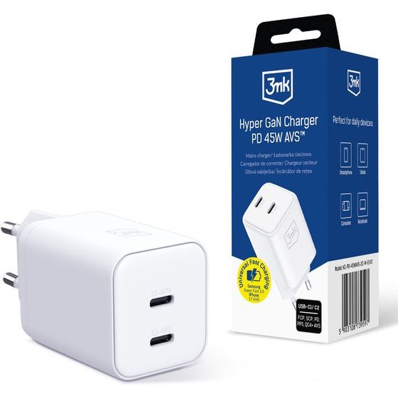 3mk Protection 3mk Hyper Charger PD 45W GaN AVS QC4+ PPS AFC FCP DCP 2C White - (160788)