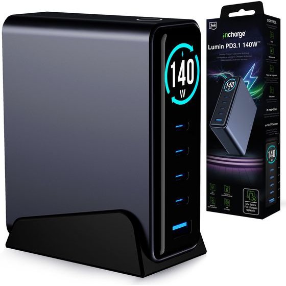 3mk Protection 3mk InCharge Desktop Charger Lumin PD3.2 140W QC5 PPS AFC FCP SCP 1A4C TFT GaN3 Display Black - (161502)