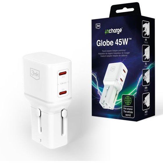 3mk Protection 3mk incharge(R) Globe 45W 2C PD QC4+ PPS SCP AFC US/EU/AUS/UK White - (160282)