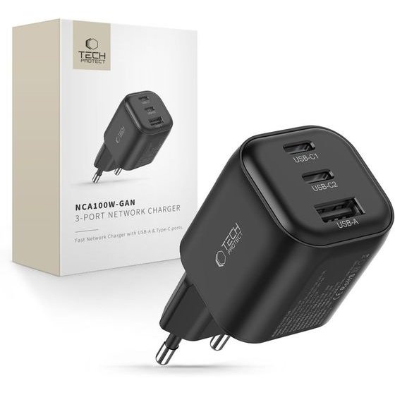 Tech-Protect NCA100W-GAN-Avs 3-Port Network Charger Pd 3.2 100W / QC3.0 BLACK