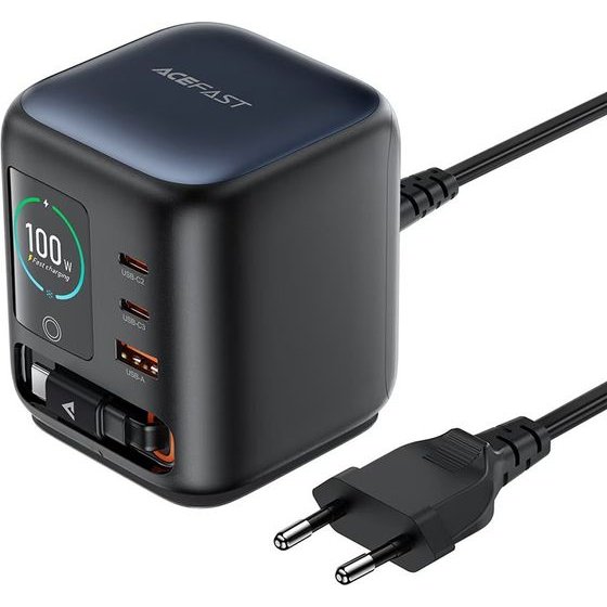 Acefast - Desktop Power Station - 3x Type-C, USB, Gan PD100W, Retractable USB-C Cable, Smart Tft Color Display - Black - (Z10)