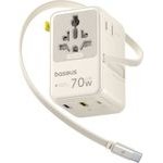 Baseus - Travel Adapter Enercore CG11 - With Retractable Cable, 2AC+2U+2C, 70W Fast Charge, GaN, Universal - White - (E0307E01)