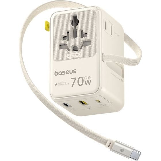 Baseus - Travel Adapter Enercore CG11 - With Retractable Cable, 2AC+2U+2C, 70W Fast Charge, GaN, Universal - White - (E0307E01)