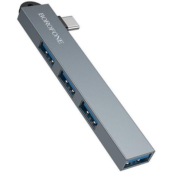 Borofone - 4in1 Hub - Type-C To 3x Usb 2.0, 1x Usb 3.0, Aluminium Alloy, Plug&Play, Up To 5GBps - Metal Gray - (FH1A)
