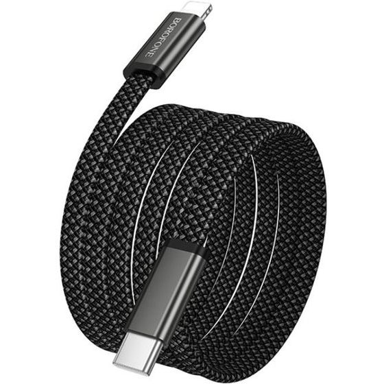 Borofone - Data Cable Peace (BX124) - USB-C To Lightning, 30W, Nylon Braided, Tangle-Free Flat Design, 1m - Black