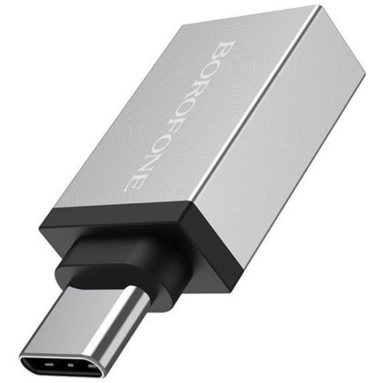 Borofone - Otg Adapter - Type-C (M) To USB-A (F), Charging & Data Transfer Functions, Aluminum, 5GBps - Silver - (BV3)