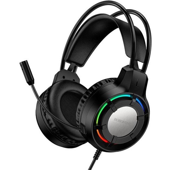 Borofone - Wired Over-Ear Gaming Headphones Wave - 50mm Drivers, Microphone, Usb + 3.5mm, Led Lighting - Black - (BO112)