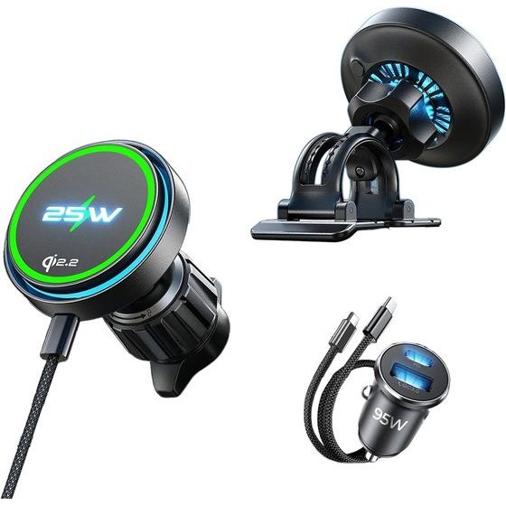 Lisen - Car Holder With Wireless Charger W116 - For Air Vent / Dashboard, With Cooling Fan, 25W, Qi2.2 - Black - (YL0225060018)