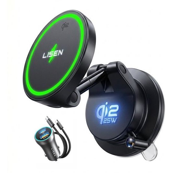 Lisen - Car Holder With Wireless Charger W608 Pro - Suction Cup, 25W, Qi2.2 - Black - (YL0225090001)