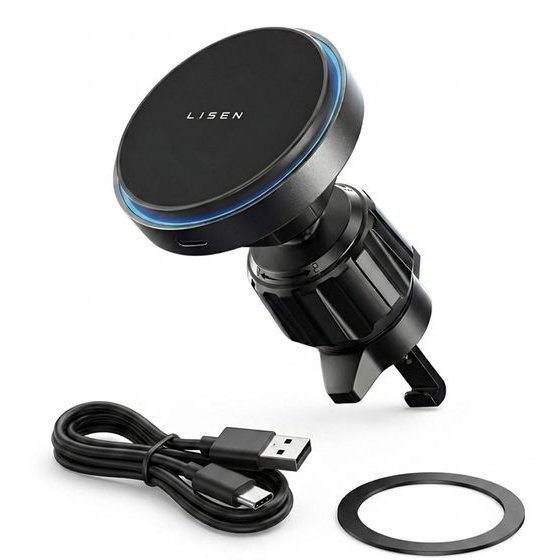 Lisen - Car Holder With Wireless Charging - Magnetic, For Air Vent & Smooth Surface, Universal, 15W - Black - (YL0225070006)