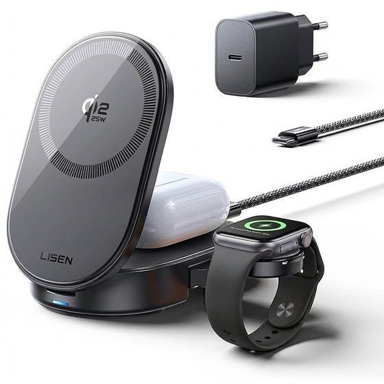 Lisen - Wireless Charging Station W121 3-in-1 - With 45W Adapter, Fast Charge, Magsafe 25W, Qi2.2 - Black - (YL0325080017)