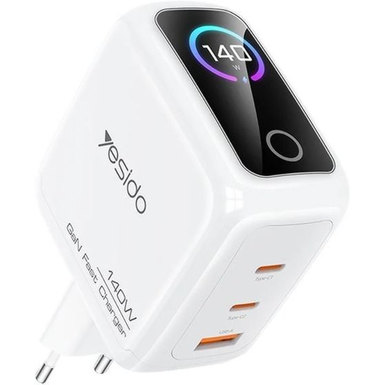 Yesido - Wall Charger (YC114) - With Tft Display, USB, 2x Type-C, GaN, Fast Charging, For Phone, Tablet, 140W - White