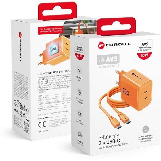 FORCELL Phone Charger F-Energy Gan Iii Crystal Color 2x Usb C Avs SSFC3.0 60W + Silicone Cable Usb C To Usb C VT-60 orange