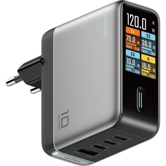 Cuktech 120W Wall Charger With Display And USB-C Cable - Silver - (AD1204U)