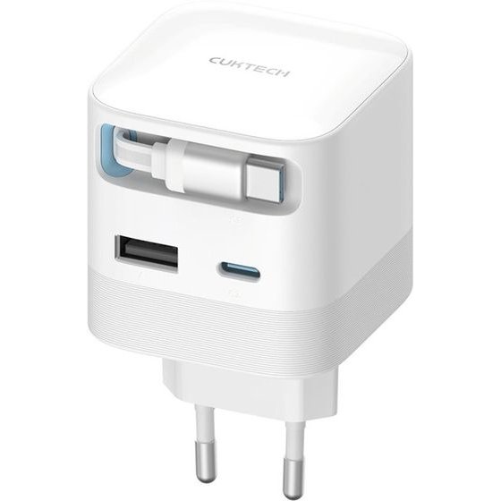 Cuktech 67W Gan 2x USB-C + USB-A Wall Charger With 70cm Retractable USB-C Cable - White - (AD653W)