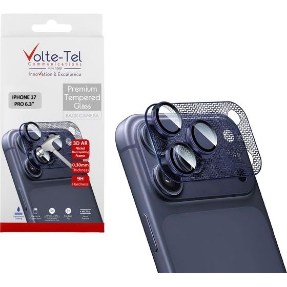 Volte-Tel Camera Glass Cover Iphone 17 Pro 6.3in 9H 0.30MM 3D Ar NICKEL-Electroplating Frame BLUE