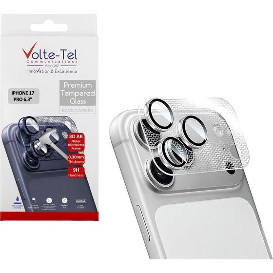 Volte-Tel Camera Glass Cover Iphone 17 Pro 6.3in 9H 0.30MM 3D Ar NICKEL-Electroplating Frame SILVER