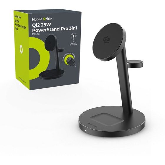 Mobile Origin Qi2 25W Powerstand Pro 3in1 With 40-60W Avs Gan Charger PW40 Black - (MO-PWSTQ22-BLK)