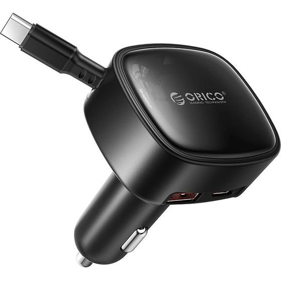 Orico FC-66-1A2C 66W Car Charger With Built-In Retractable USB-C Cable - Black -FC-66-1A2C-BK-EP-Hu - (ORICO-FC-66-1A2C-BK-EP-HU)