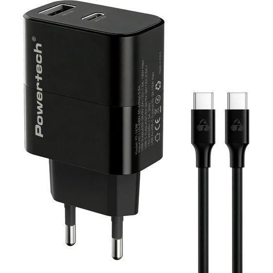 Powertech ��������� ������ �� �������, USB/USB-C, 30W, GaN, ������ - (PT-1638)