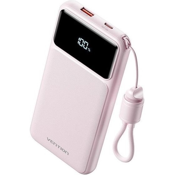Vention 10000mAh Power Bank (USB-C + USB-A) With Built-In Cable 22.5W Pink Led Display Type - (XGYP0-39-TY)