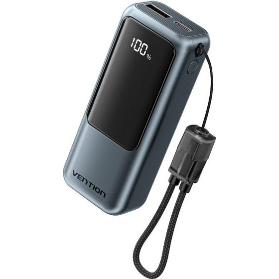 Vention Mini 10000mAh Power Bank (USB-C + USB-A) With Built-In Lanyard 22.5W Gray Led Display Type - (FKOH0)