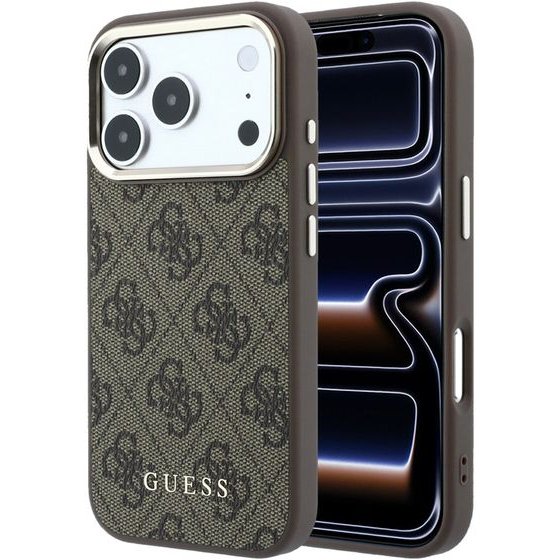 Guess Pu Leather 4G Gold Frame Magsafe Case For Iphone 18 Pro Brown - (GUHMP18LG4GFCW)