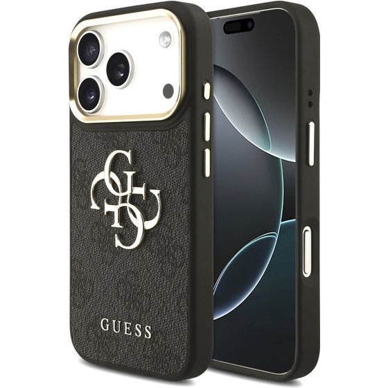 Guess Pu Leather 4G Metal Logo Gold Frame Case For Iphone 18 Pro Black - (GUHCP18L4GMGCGR)